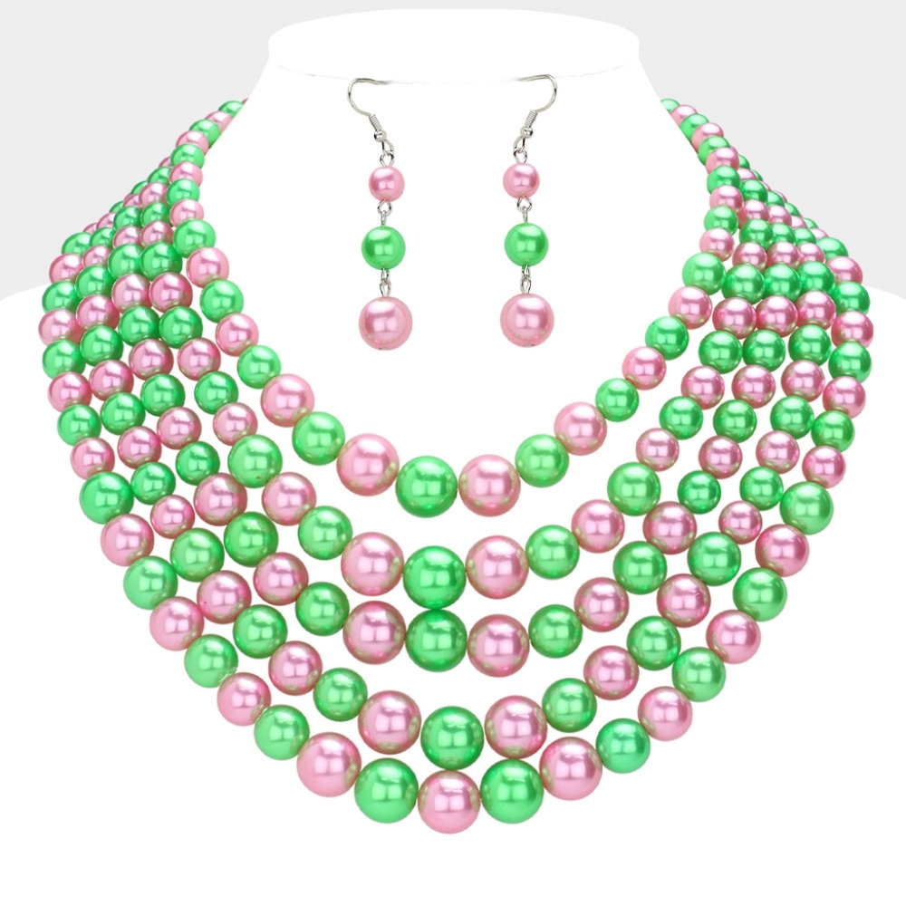 Pink & Green Pearls Five Row MultiStrand Layered Necklace Set Design 2 Tone